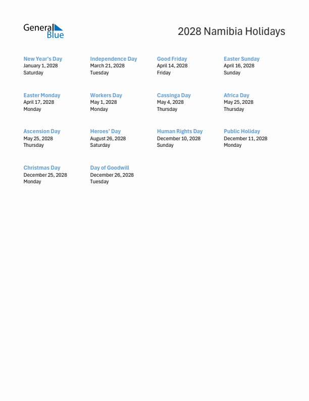 Free printable list of Namibia holidays for year 2028