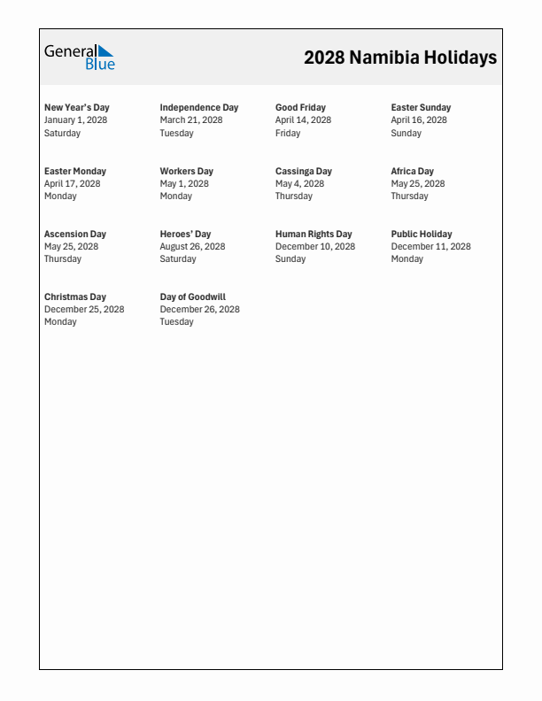 Free printable list of Namibia holidays for year 2028