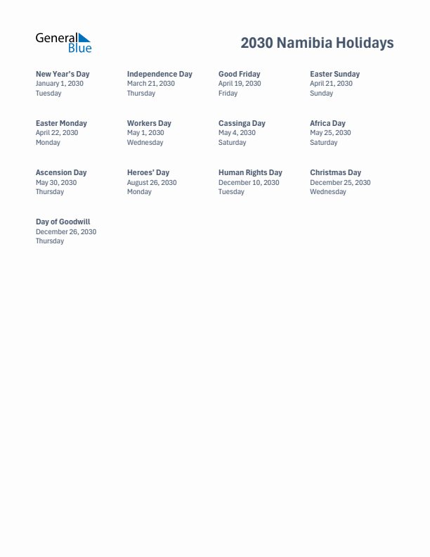 Free printable list of Namibia holidays for year 2030