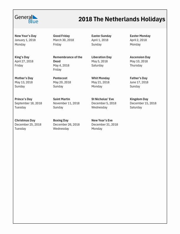 Free printable list of The Netherlands holidays for year 2018