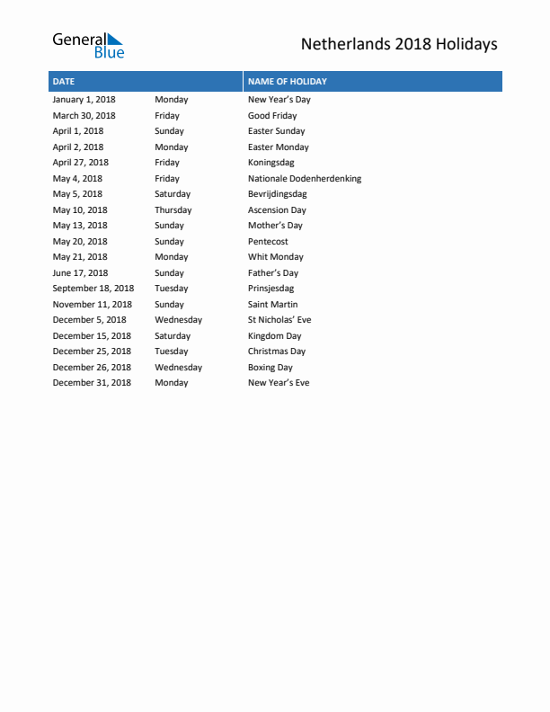 Free printable list of The Netherlands holidays for year 2018