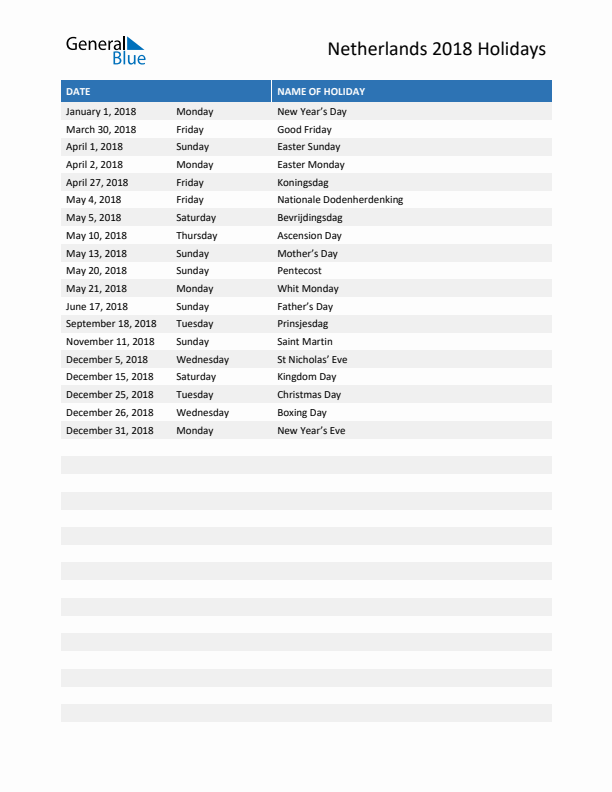 Free printable list of The Netherlands holidays for year 2018