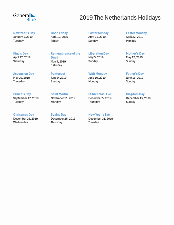 Free printable list of The Netherlands holidays for year 2019