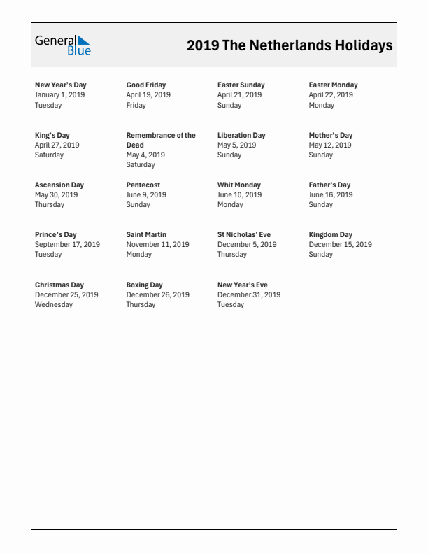 Free printable list of The Netherlands holidays for year 2019