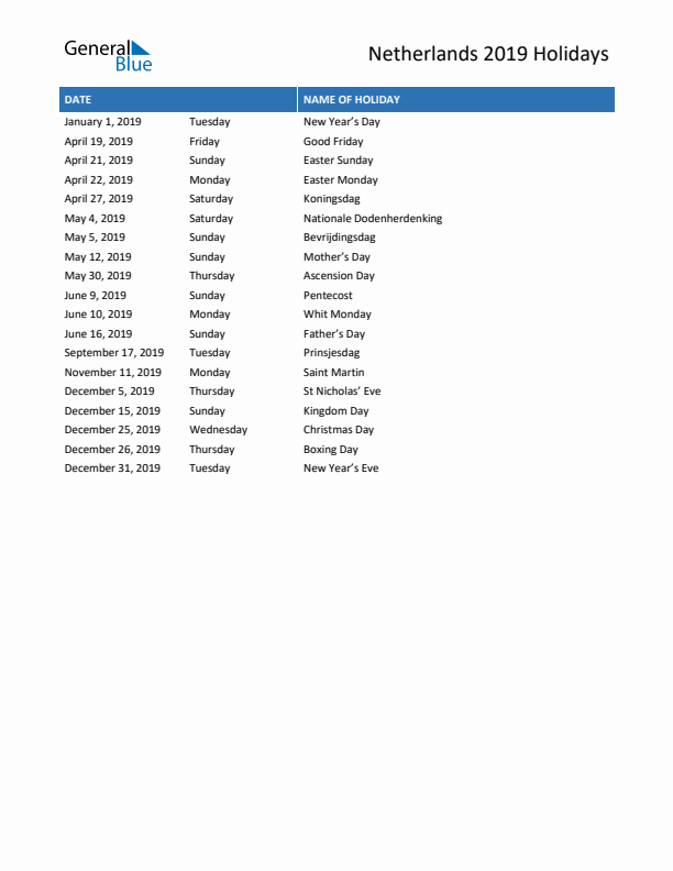 Free printable list of The Netherlands holidays for year 2019