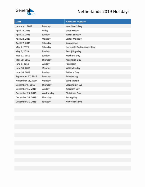 Free printable list of The Netherlands holidays for year 2019