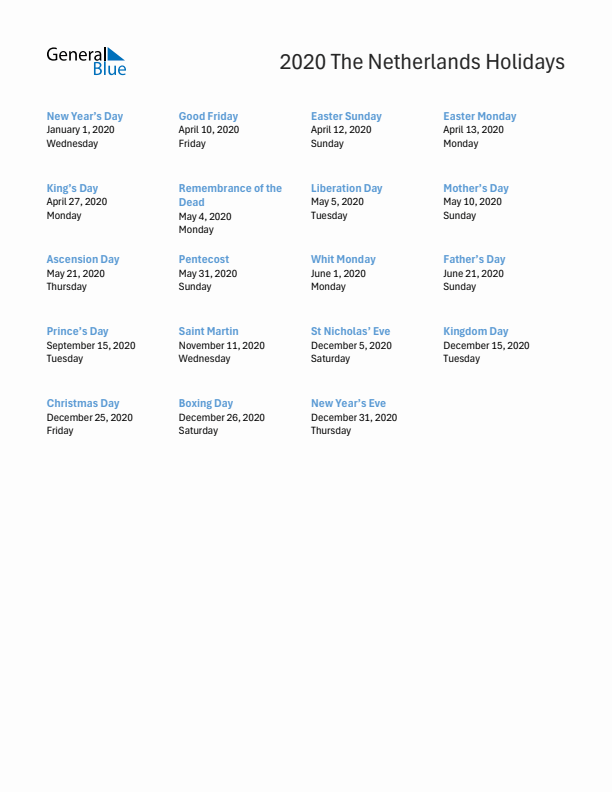 Free printable list of The Netherlands holidays for year 2020