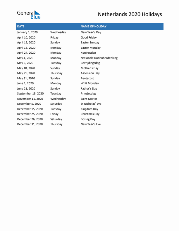 Free printable list of The Netherlands holidays for year 2020