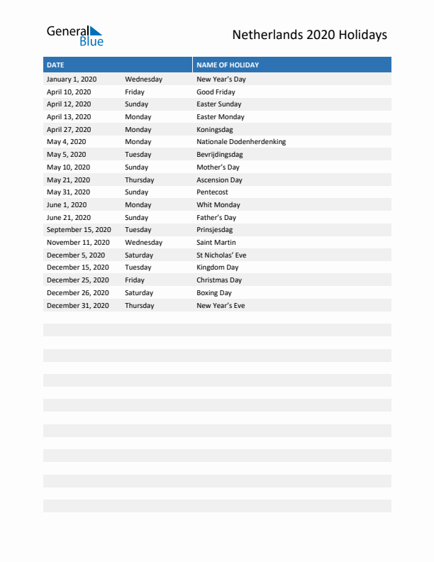 Free printable list of The Netherlands holidays for year 2020