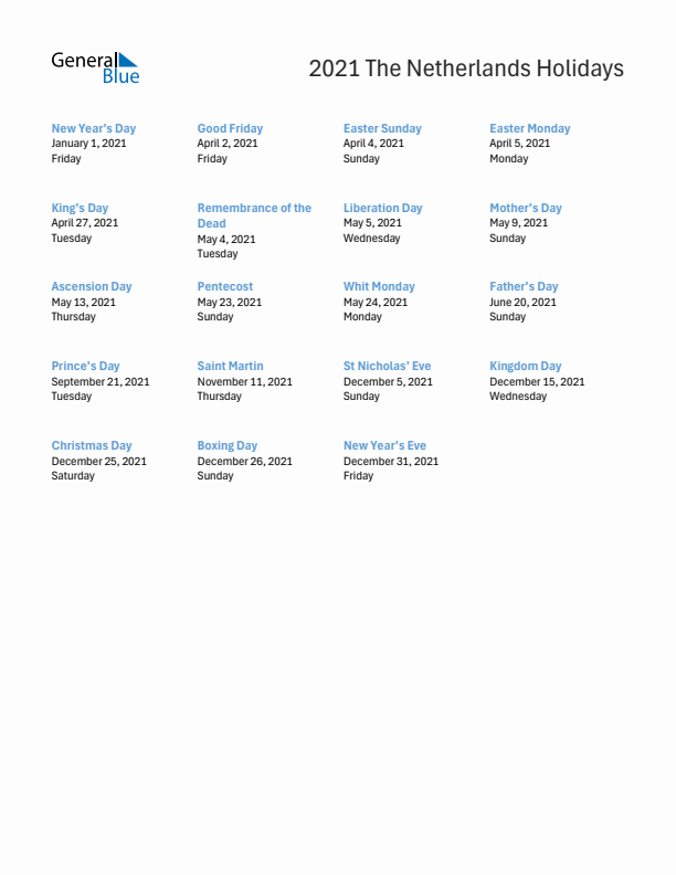 Free printable list of The Netherlands holidays for year 2021