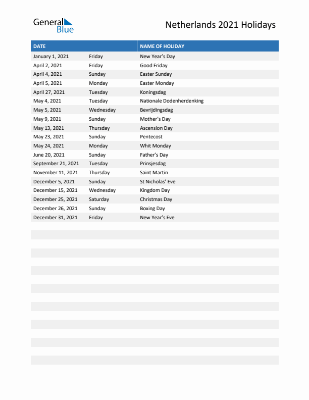 Free printable list of The Netherlands holidays for year 2021