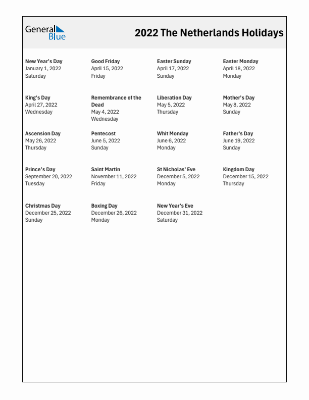 Free printable list of The Netherlands holidays for year 2022