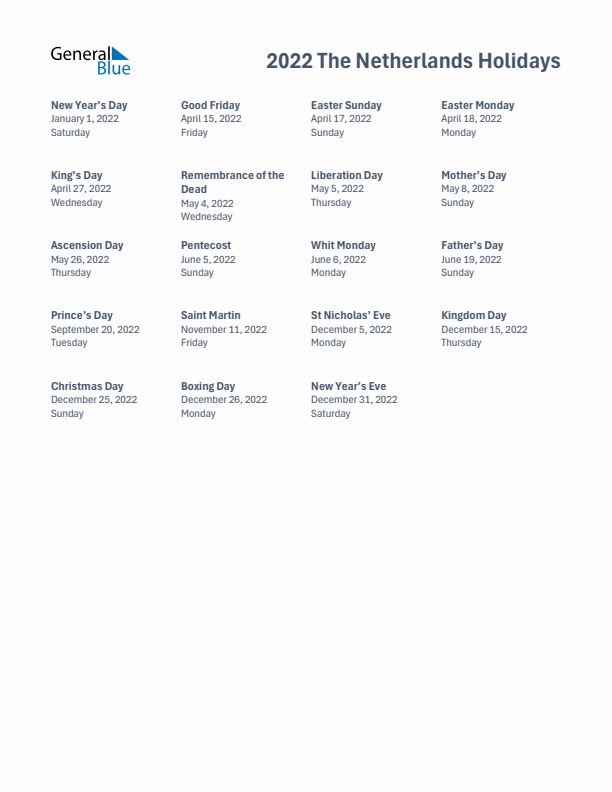 Free printable list of The Netherlands holidays for year 2022