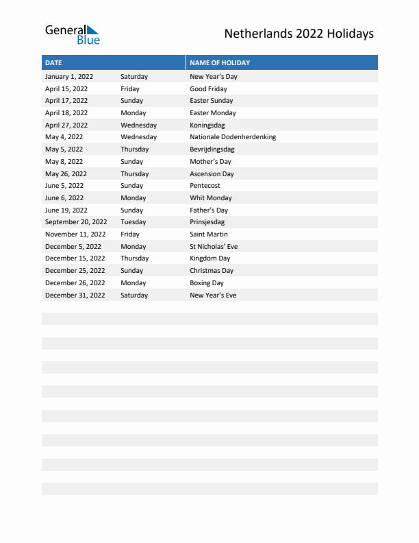 Free printable list of The Netherlands holidays for year 2022