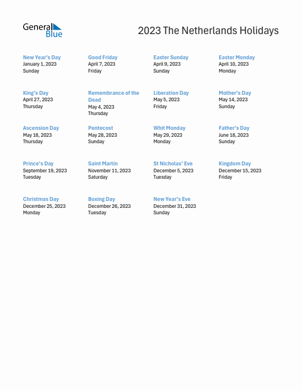 Free printable list of The Netherlands holidays for year 2023