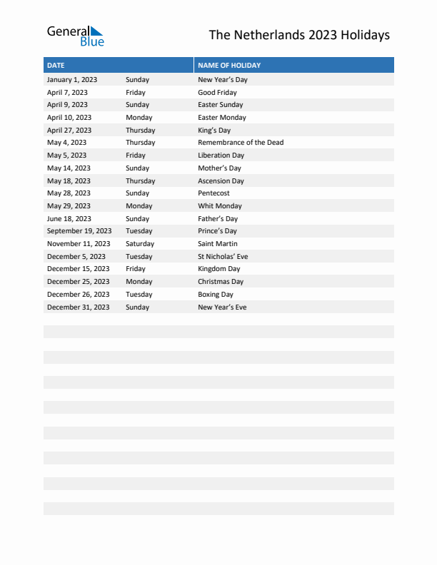 Free printable list of The Netherlands holidays for year 2023