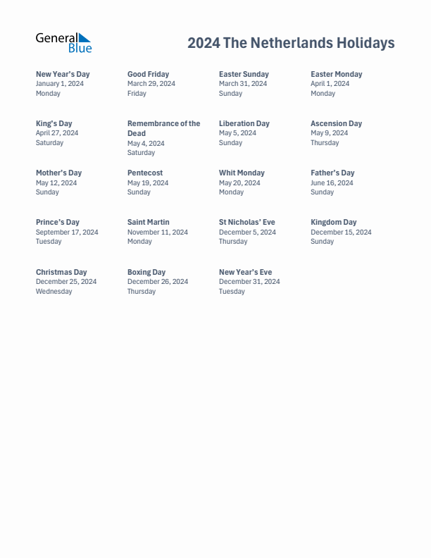 Free printable list of The Netherlands holidays for year 2024