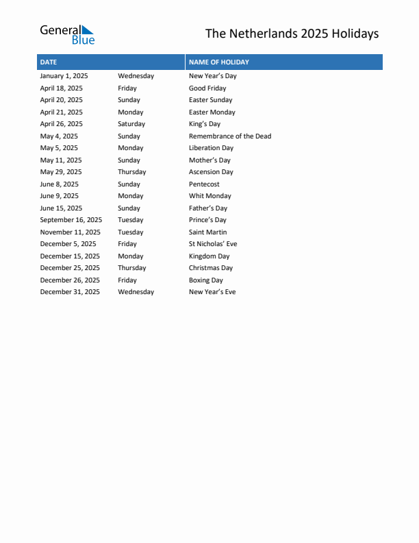 Free printable list of The Netherlands holidays for year 2025