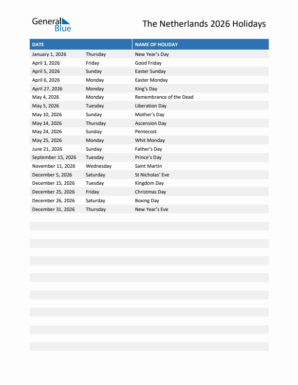 Free printable list of The Netherlands holidays for year 2026