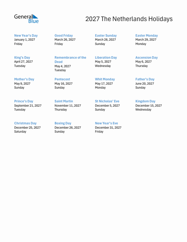 Free printable list of The Netherlands holidays for year 2027