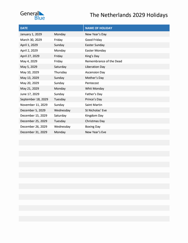 Free printable list of The Netherlands holidays for year 2029