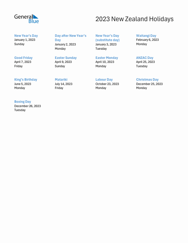 Free printable list of New Zealand holidays for year 2023