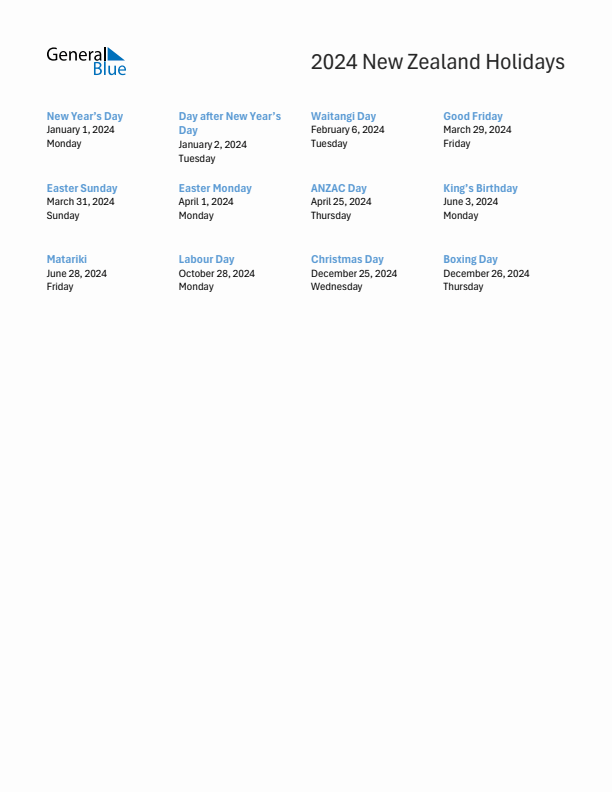 Free printable list of New Zealand holidays for year 2024
