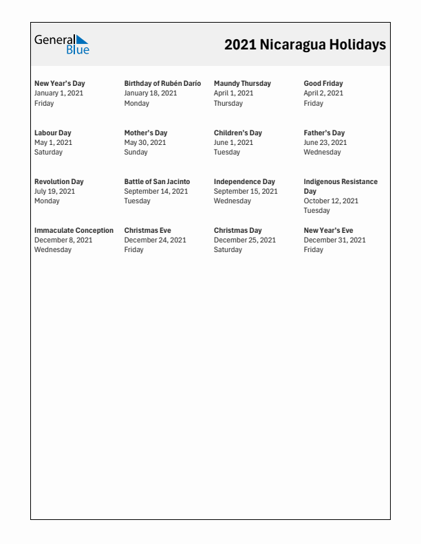 Free printable list of Nicaragua holidays for year 2021