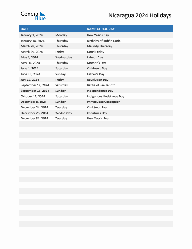 Free printable list of Nicaragua holidays for year 2024