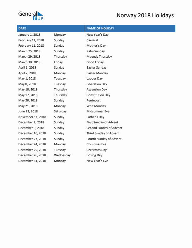 Free printable list of Norway holidays for year 2018