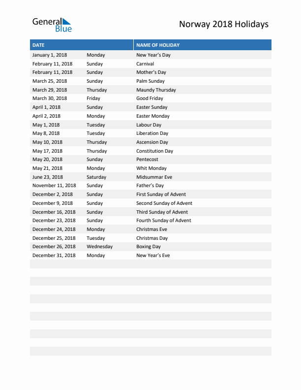 Free printable list of Norway holidays for year 2018