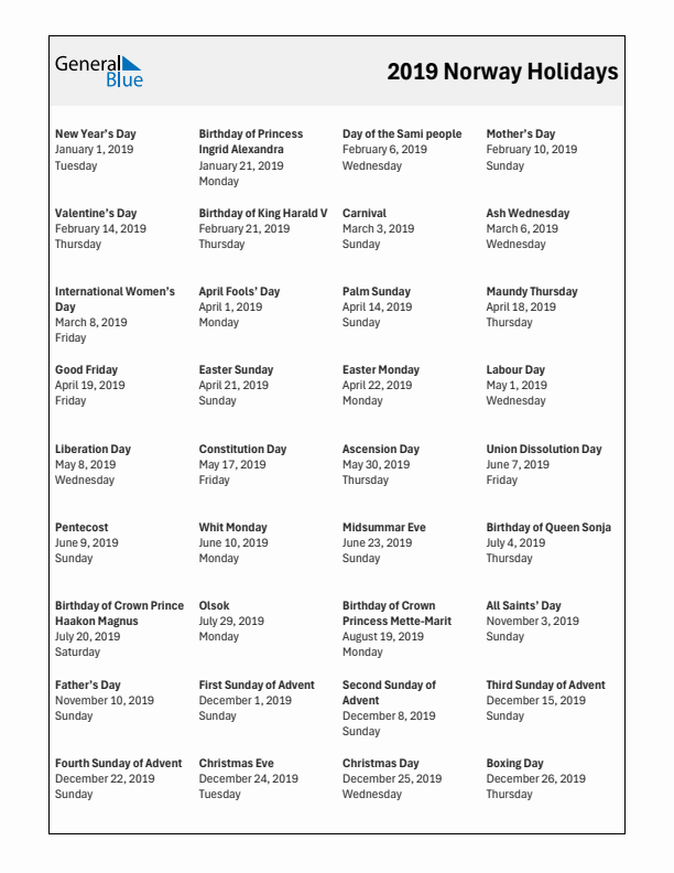 Free printable list of Norway holidays for year 2019