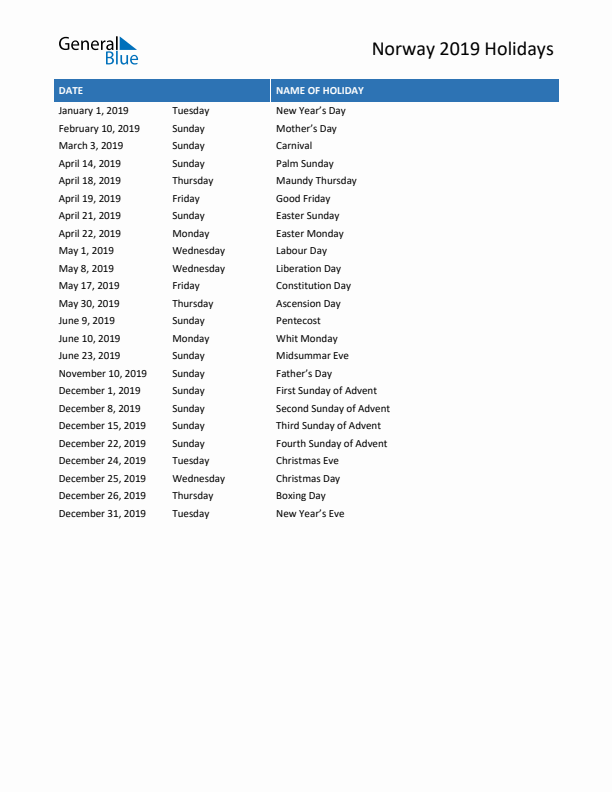 Free printable list of Norway holidays for year 2019