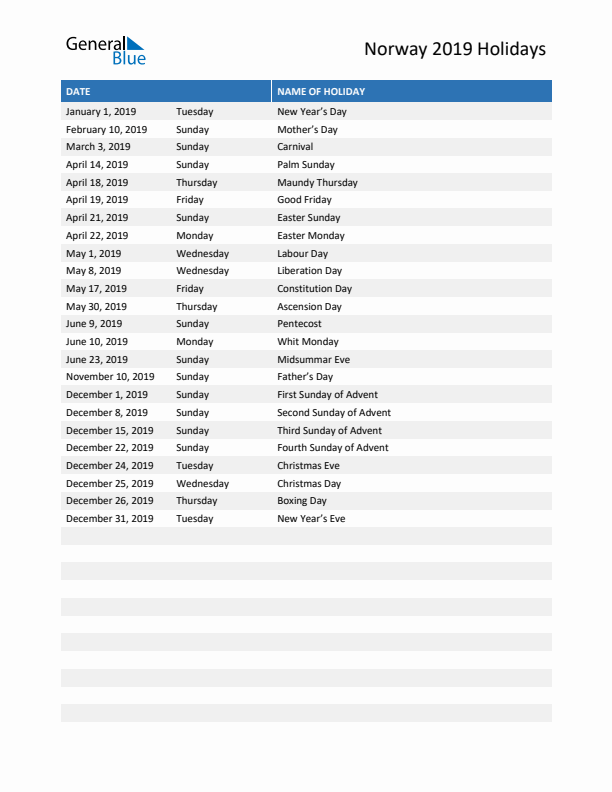 Free printable list of Norway holidays for year 2019