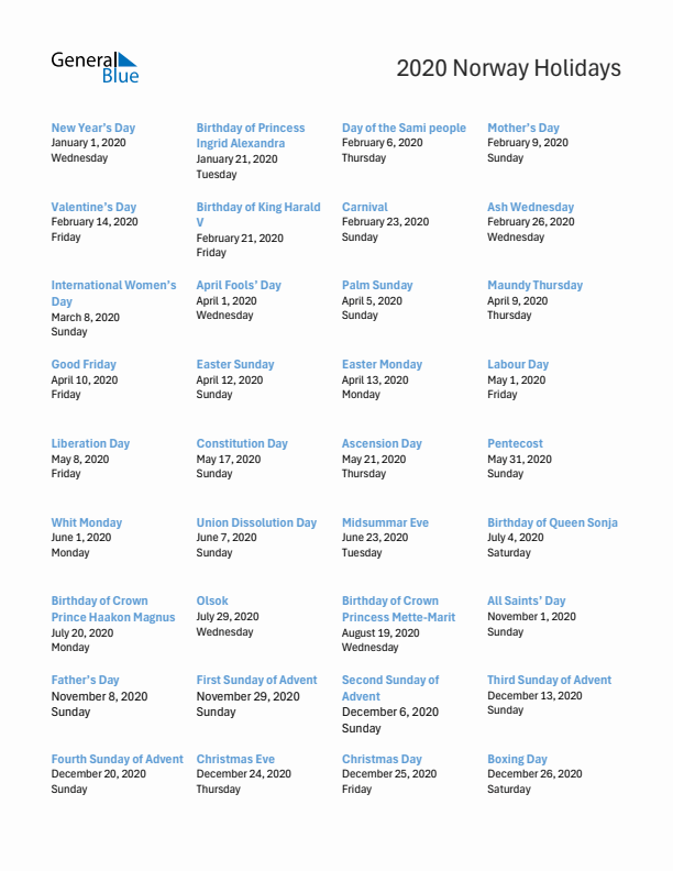 Free printable list of Norway holidays for year 2020