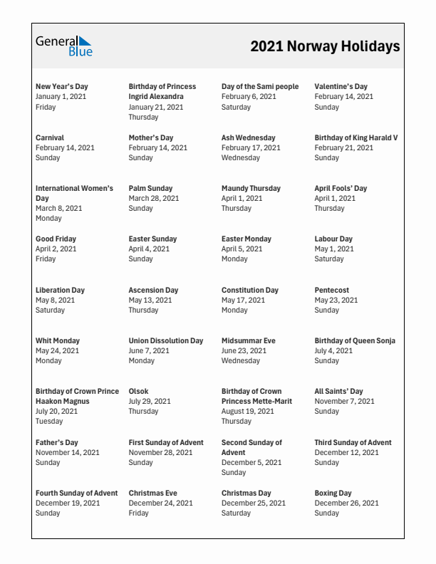 Free printable list of Norway holidays for year 2021