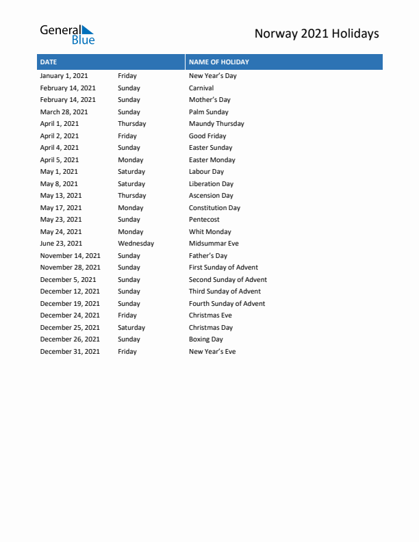 Free printable list of Norway holidays for year 2021