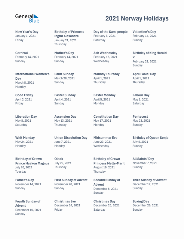 Free printable list of Norway holidays for year 2021