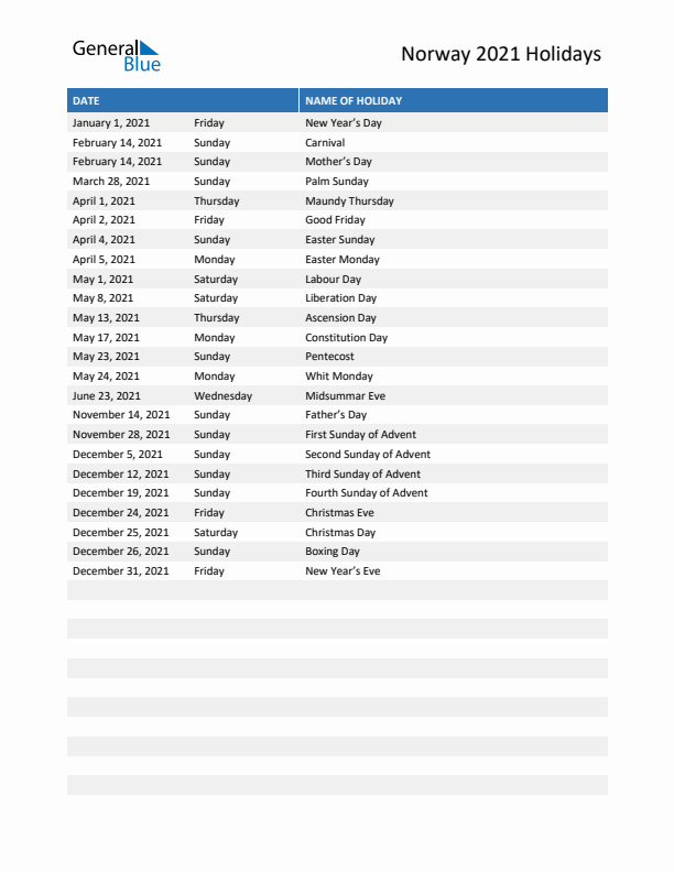 Free printable list of Norway holidays for year 2021