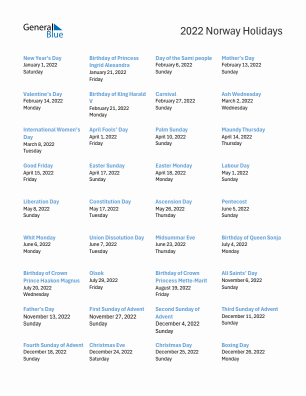 Free printable list of Norway holidays for year 2022