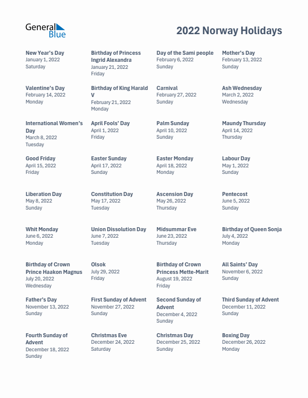 Free printable list of Norway holidays for year 2022