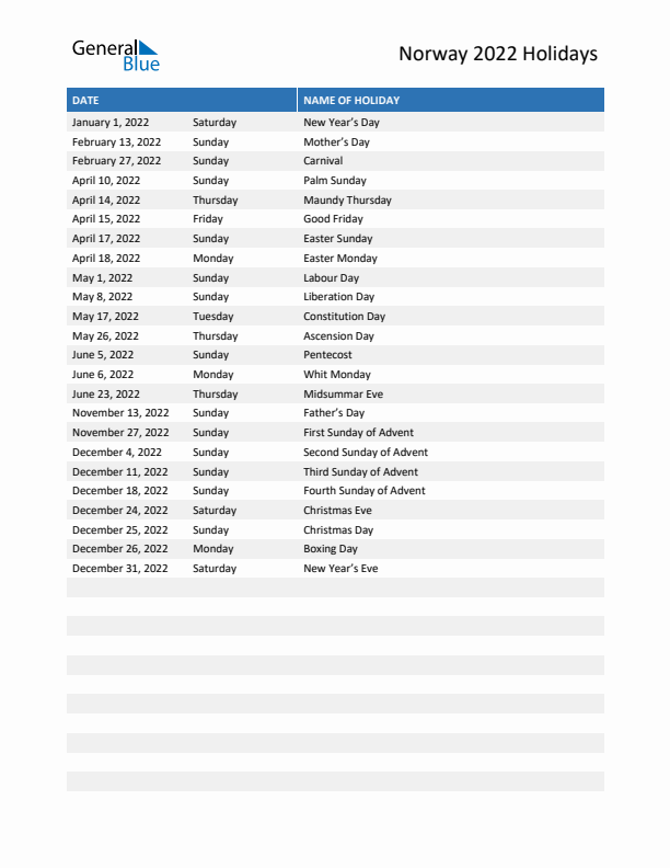 Free printable list of Norway holidays for year 2022