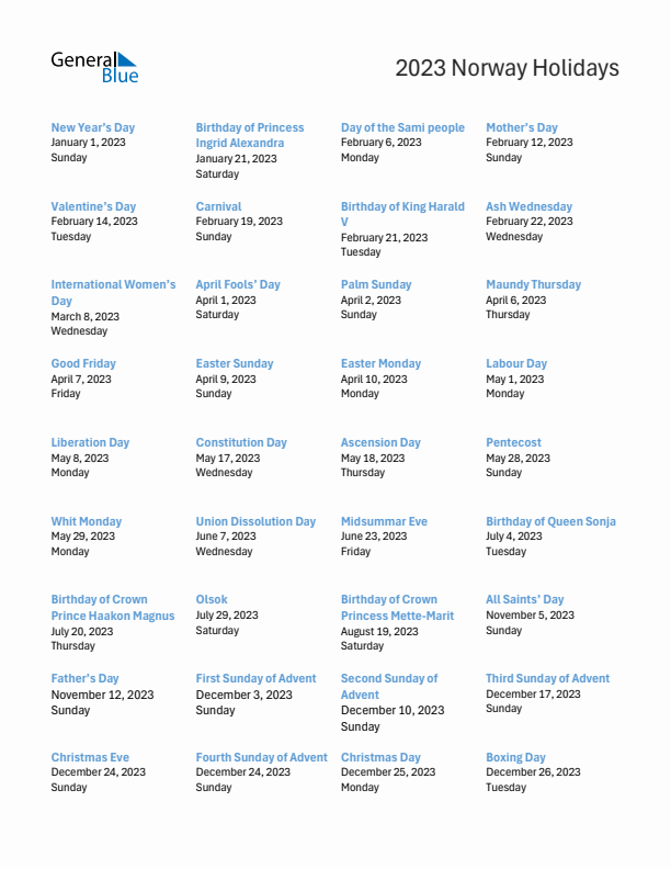 Free printable list of Norway holidays for year 2023