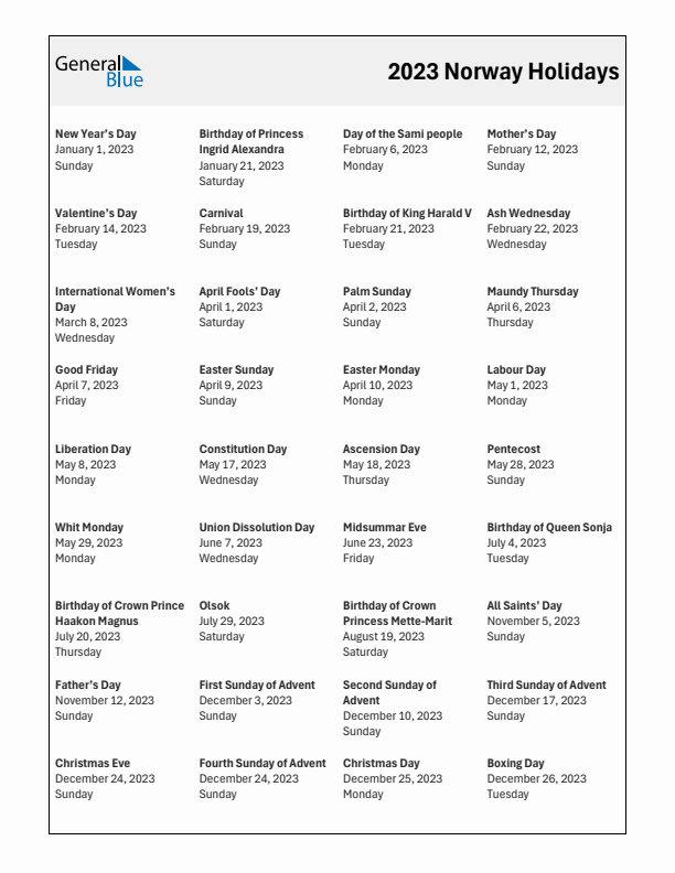 Free printable list of Norway holidays for year 2023