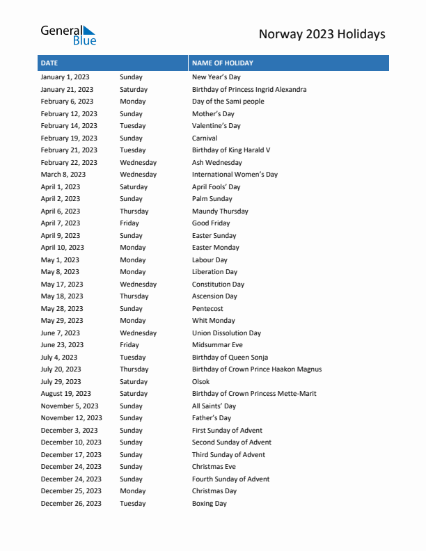 Free printable list of Norway holidays for year 2023