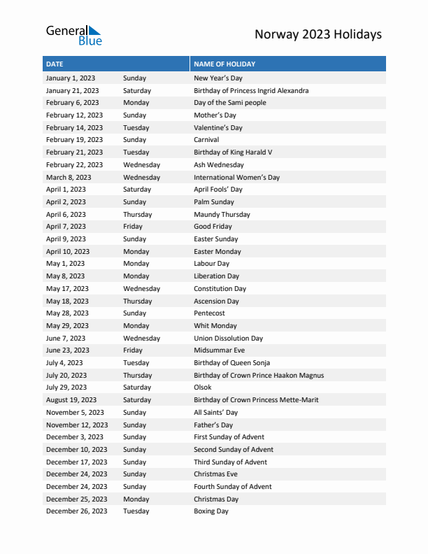 Free printable list of Norway holidays for year 2023