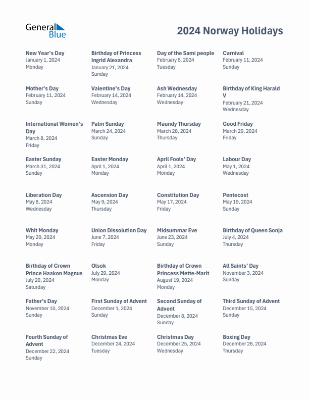 Free printable list of Norway holidays for year 2024