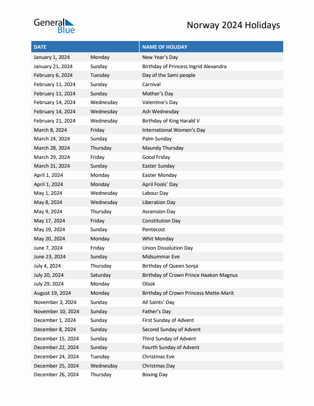 Free printable list of Norway holidays for year 2024