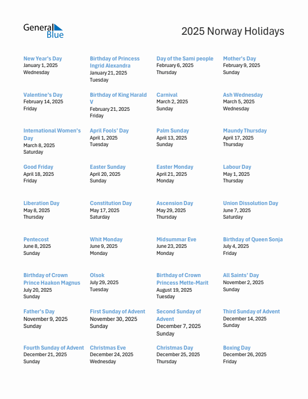 Free printable list of Norway holidays for year 2025