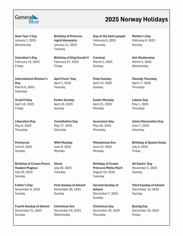 Free printable list of Norway holidays for year 2025